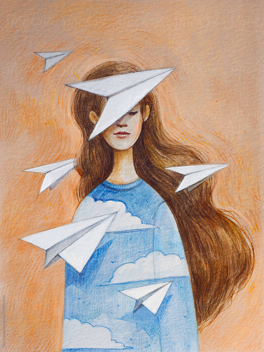 Girl with paper airplanes