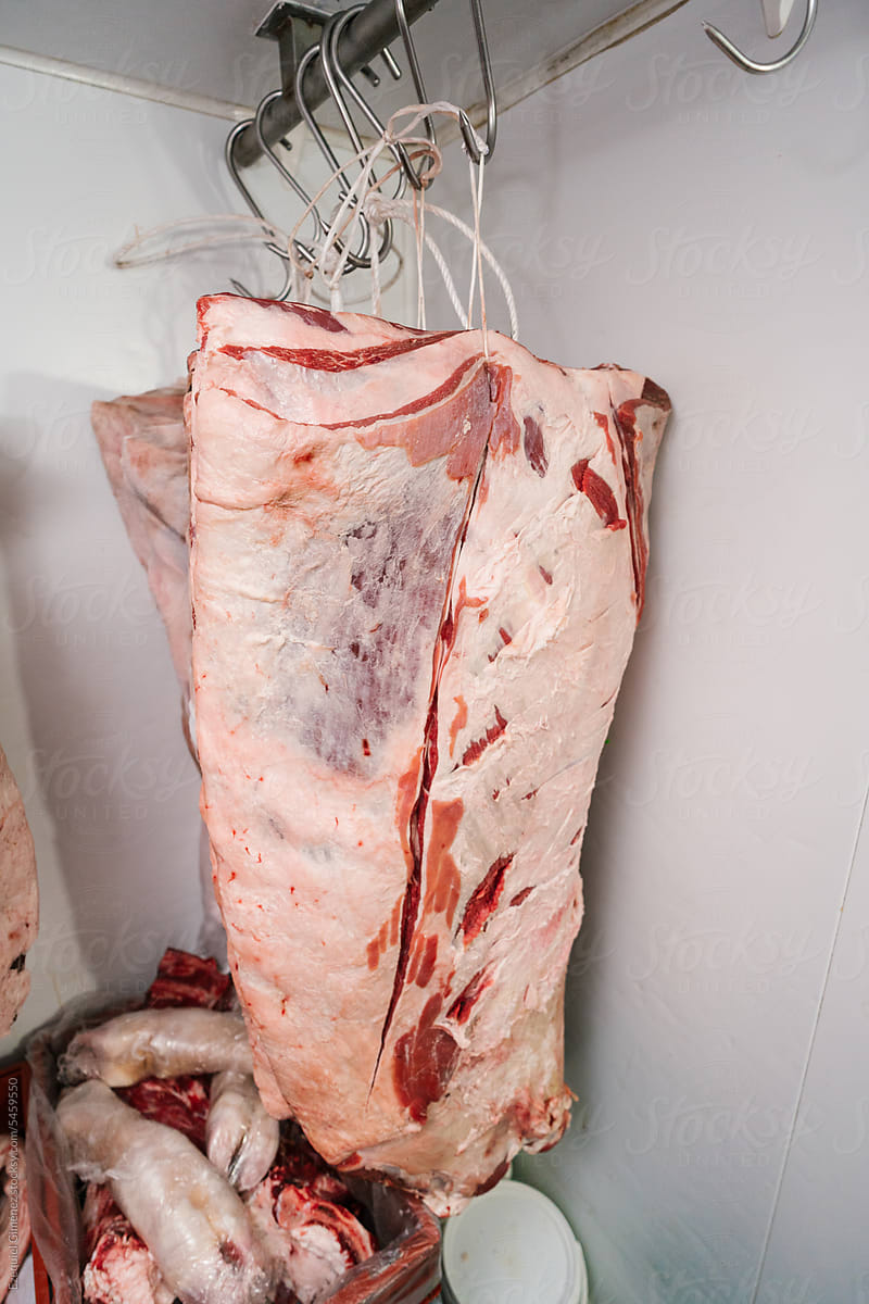 Raw beef with fat hanging from hook in butchery
