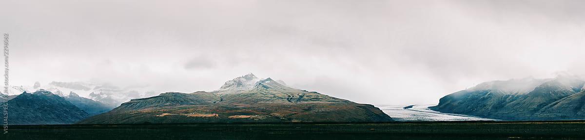 Icelandic Glacier and Mountain Panorama on Moody Fall Day