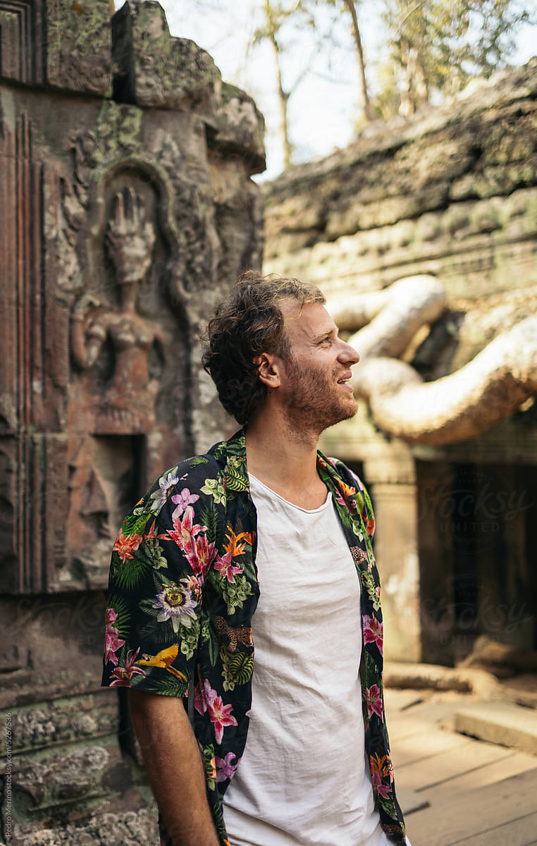 Tourist visiting the ruins of the ancient temples of Angkor