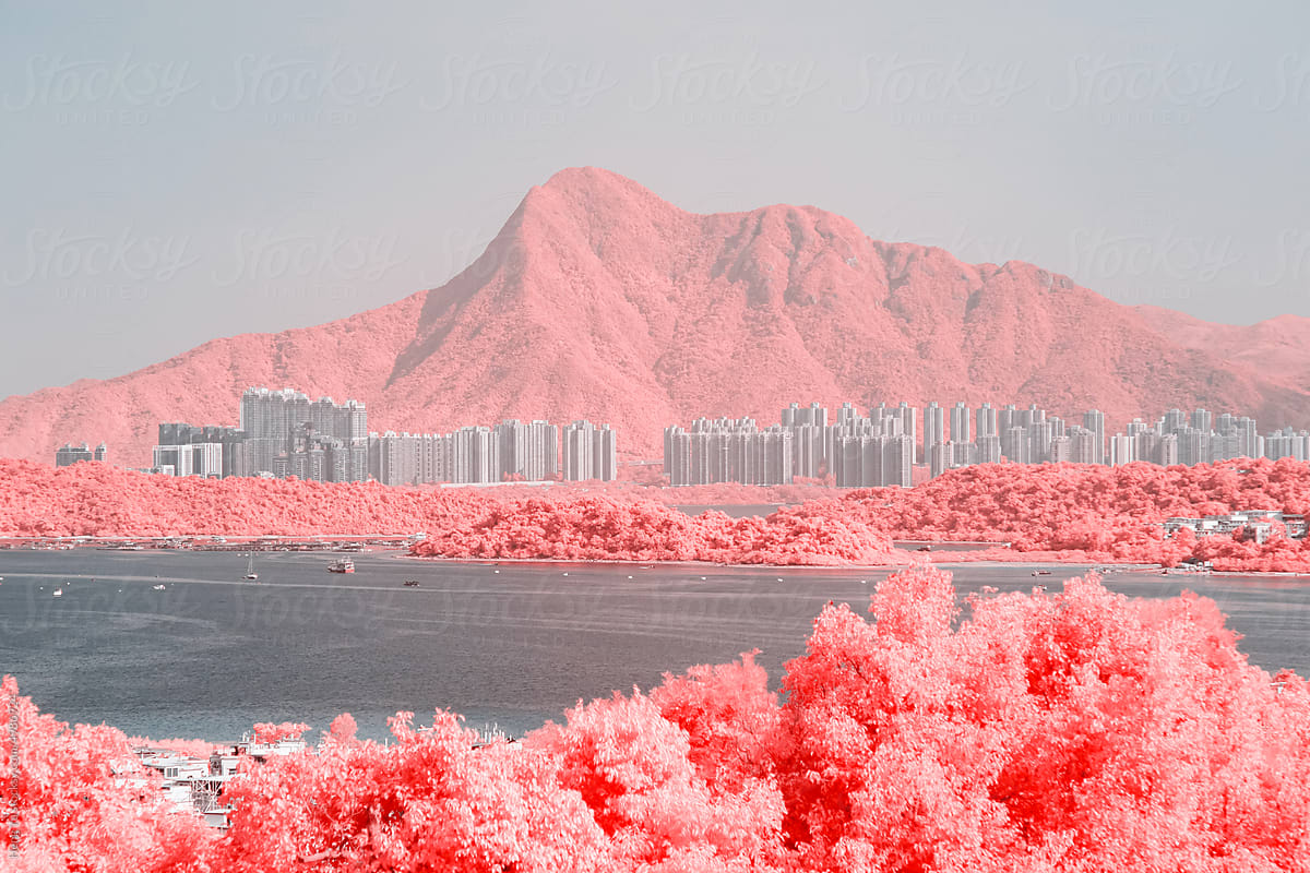 Infrared photography of  cityscape by sea