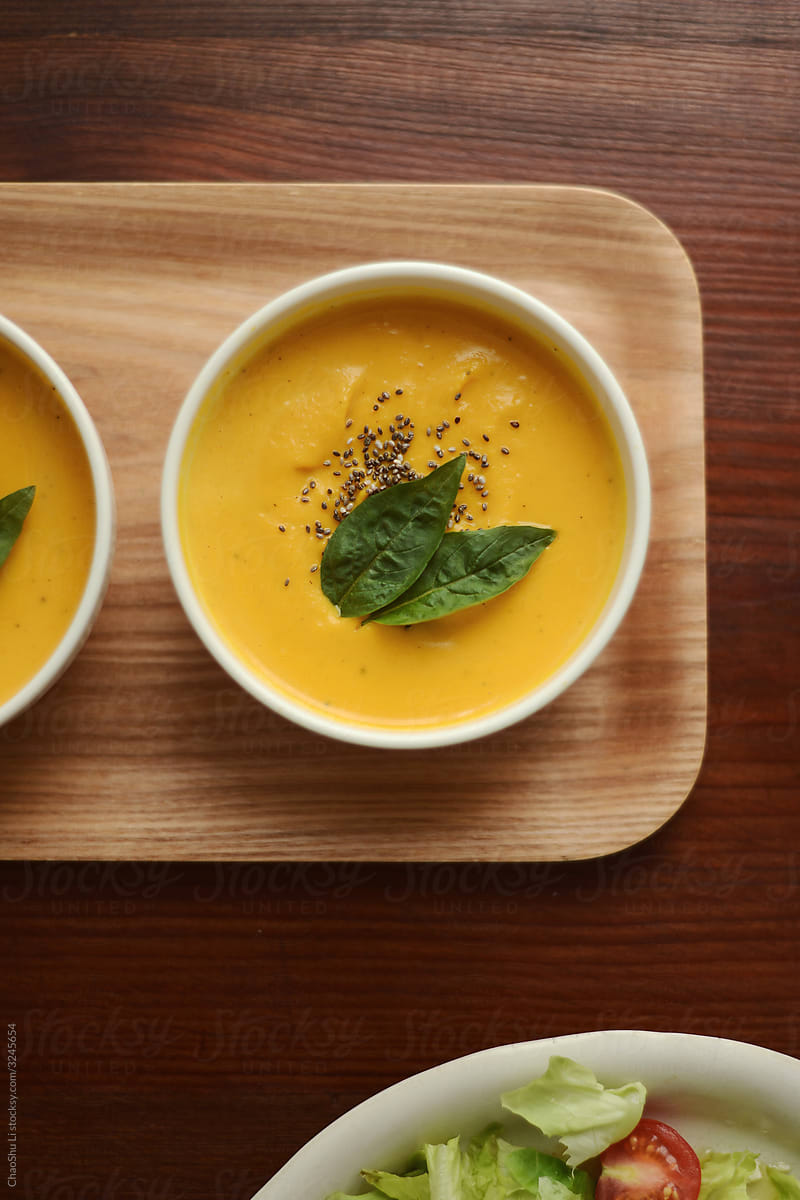 Close up of homemade pumpkin soup in Japanese atmosphere