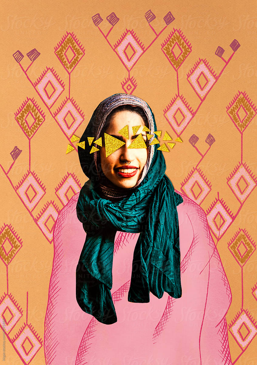 Muslim woman collage with Iranian pattern
