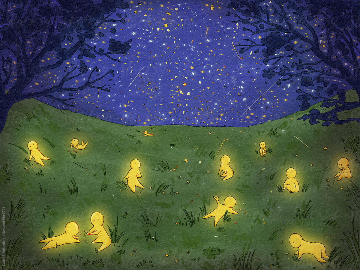 Night landscape with starry sky and creatures collecting fallen stars
