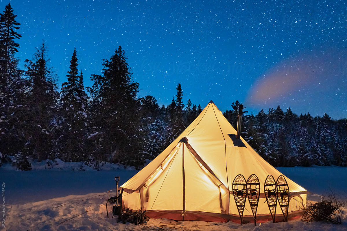 Canvas Tent with Winter Wilderness Starry Night Sky Landscape