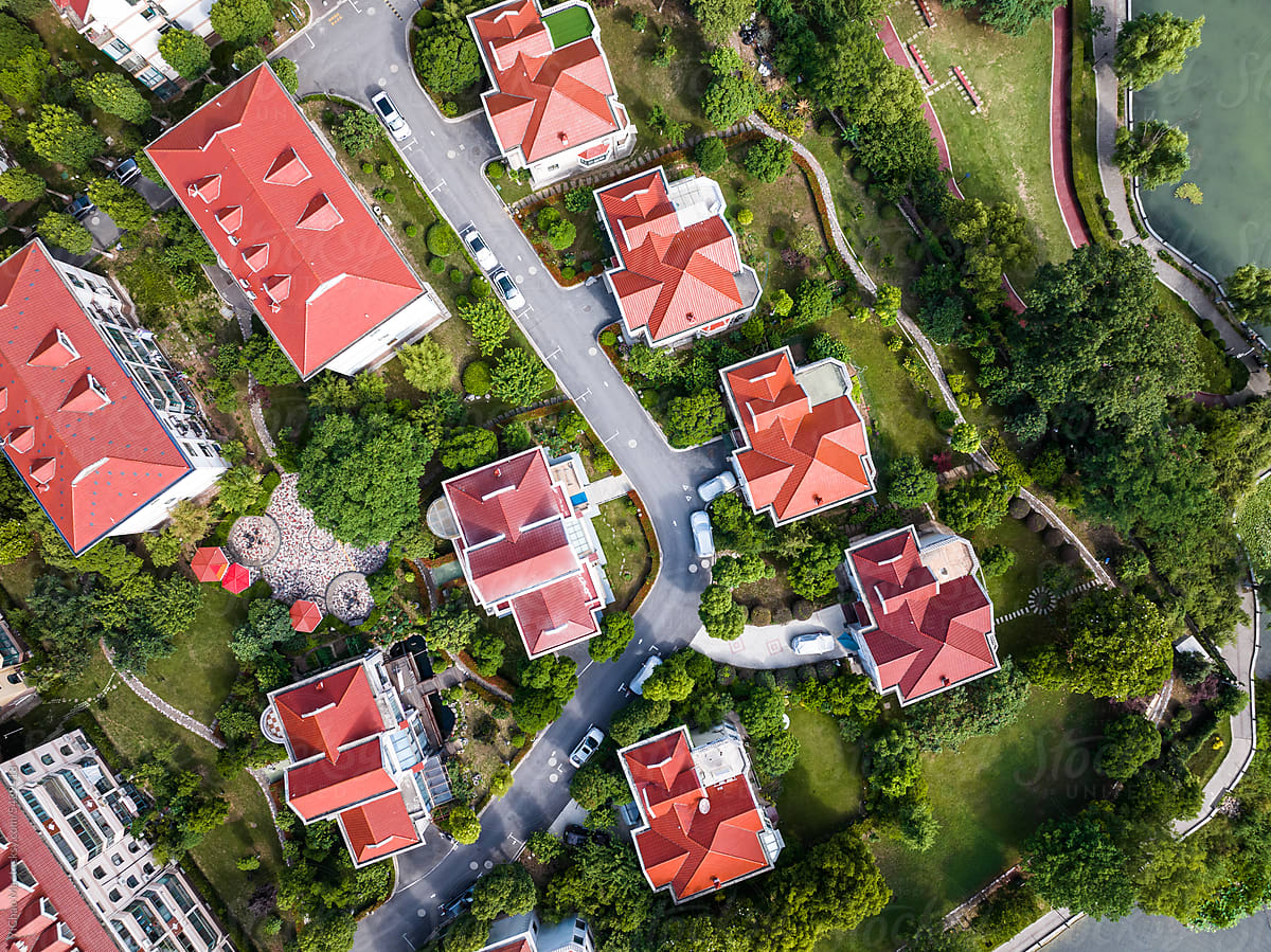 Aerial view of community roofs
