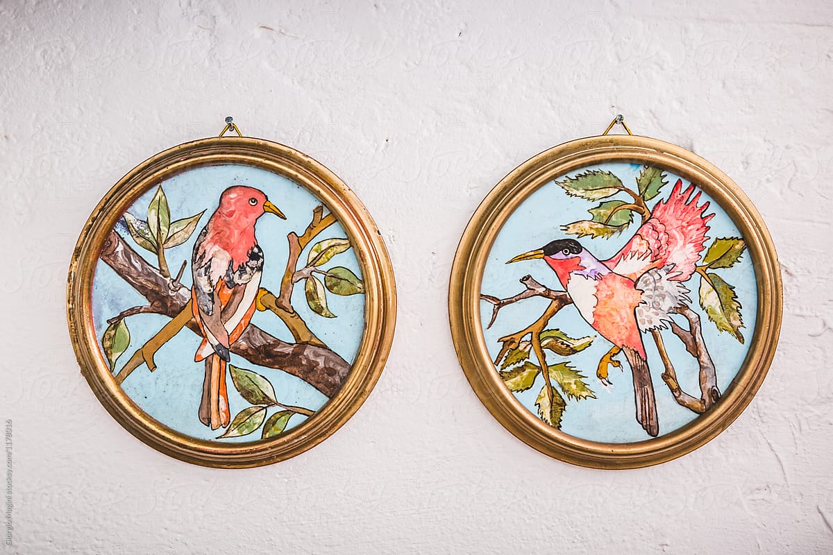 Two Little Birds on Colorful Scagliola Artworks