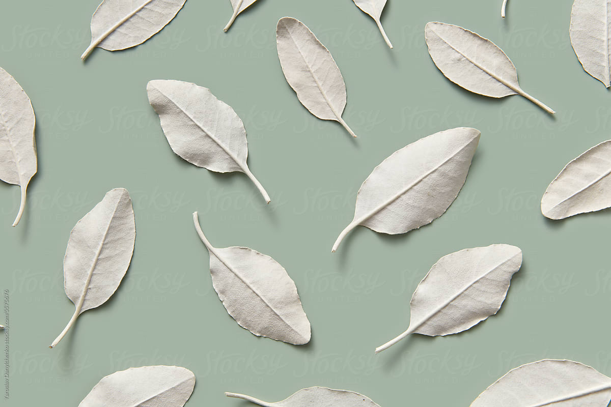 Seamless pattern of painted silver colored tree leaves