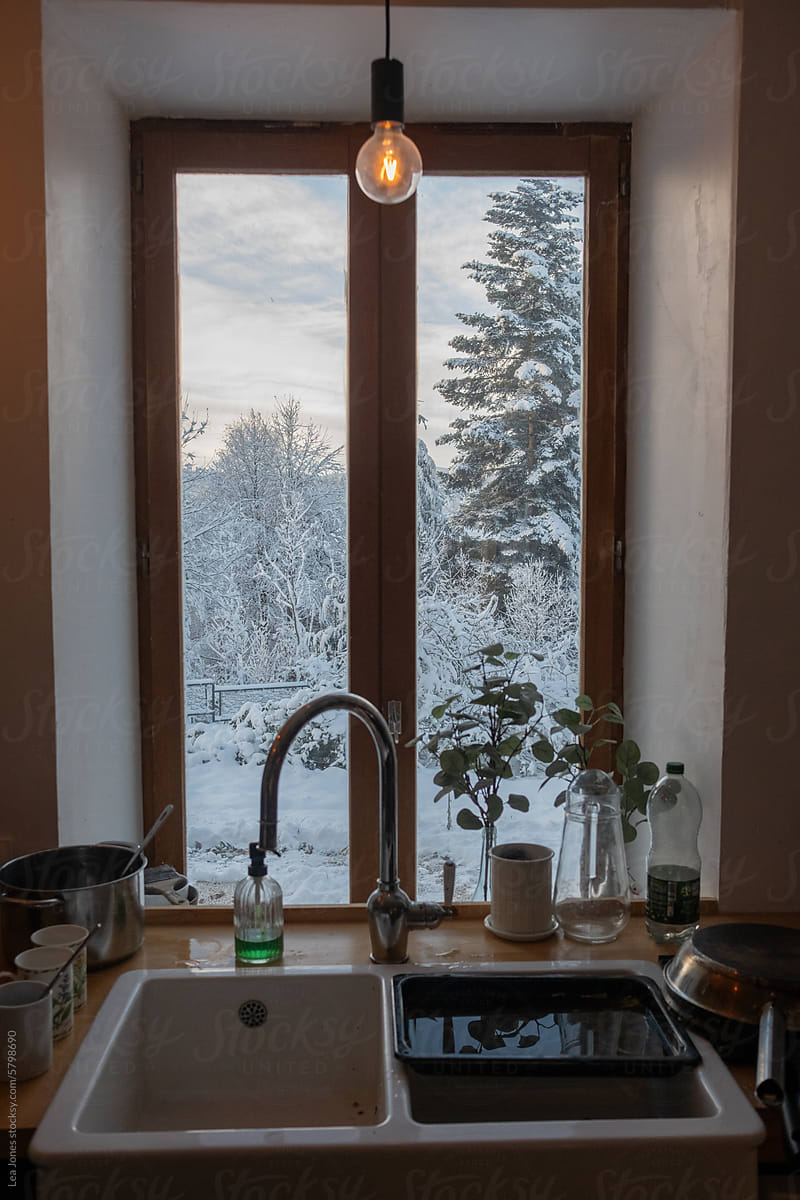 view of kitchen sink with window and snow covered tree outside.