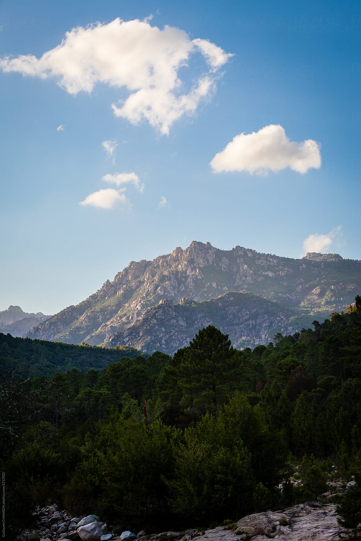 View of the Corsican mountains from the natural pools of Cavu, Corsica, France