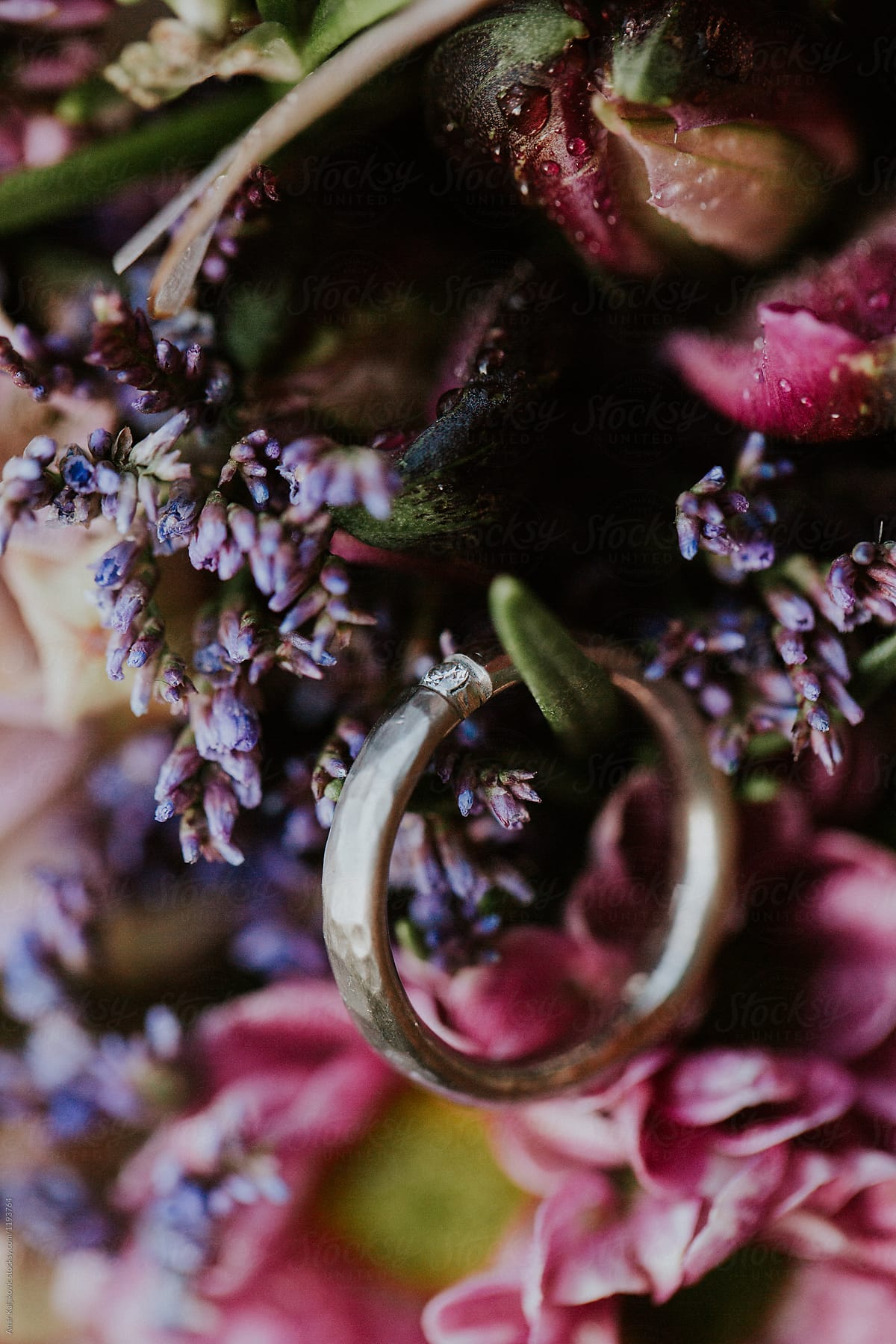 Close up on ring on bouquet