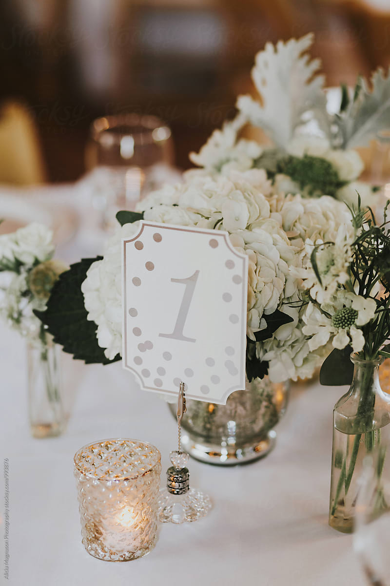 Barn Wedding Reception Table Number and Bouquet