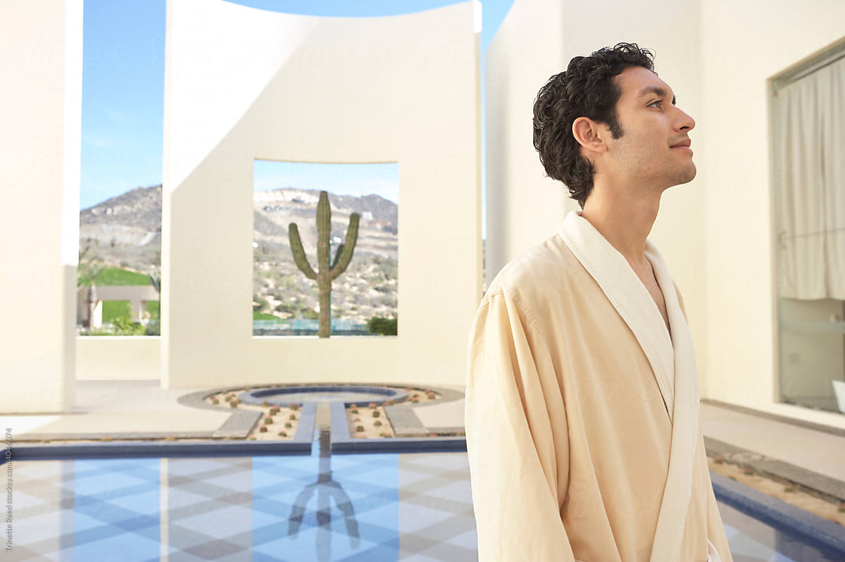 Man on vacation at luxury spa and resort in desert