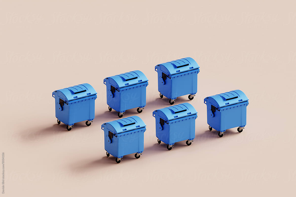 3d rendering of blue trash bins pattern on pastel background.