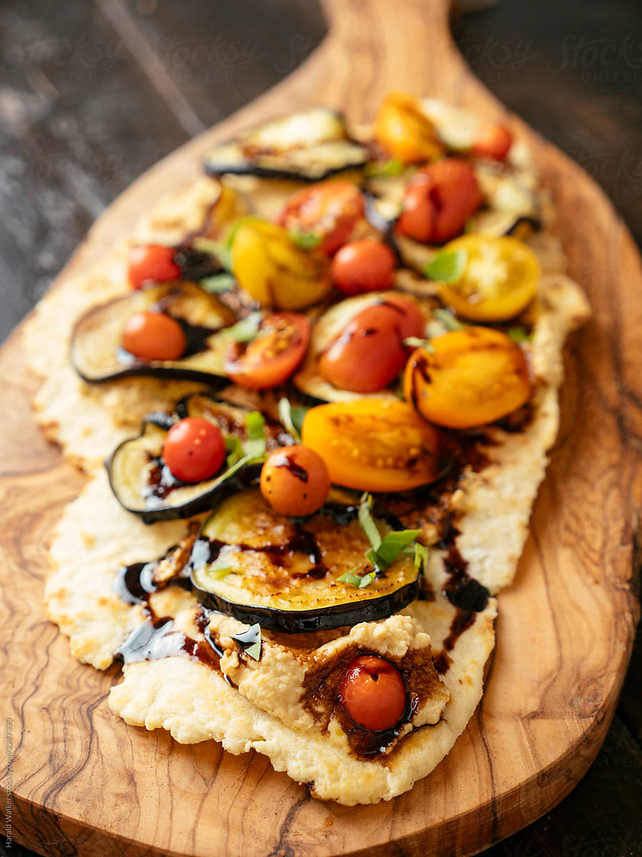 Flatbread with Hummus, Eggplant and Tomatoes