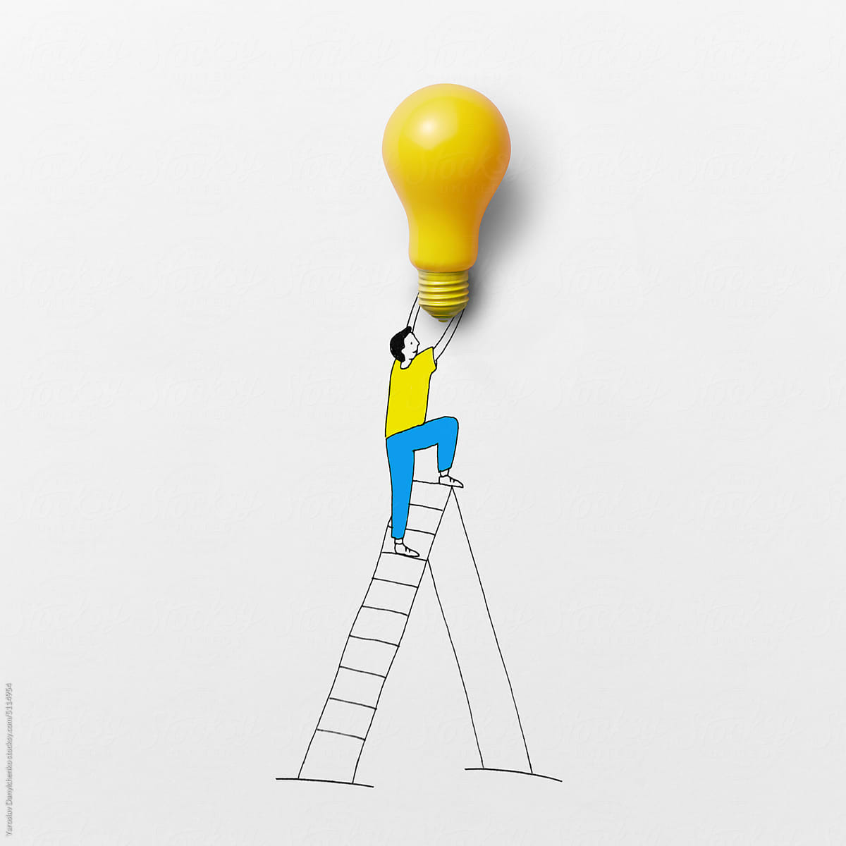 A drawing of a man on a ladder holding a lamp on a paper