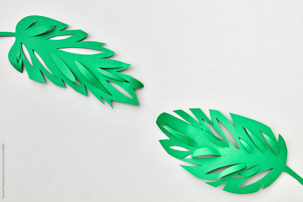 Two tropical greem leaves handmade from colored paper on a light