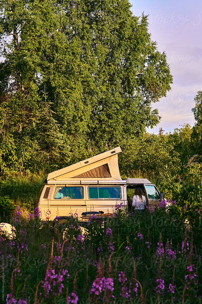 Old camper van into Alaska nature
