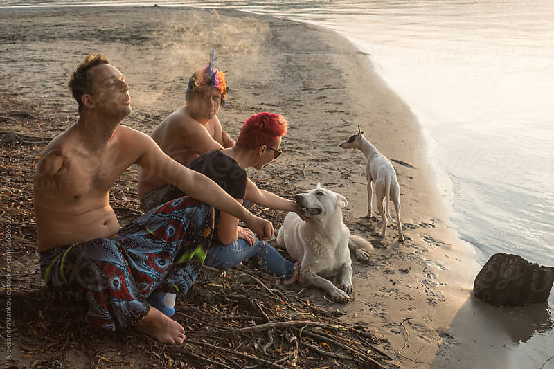 Group Of Young People With Dogs Sitting On The Beach