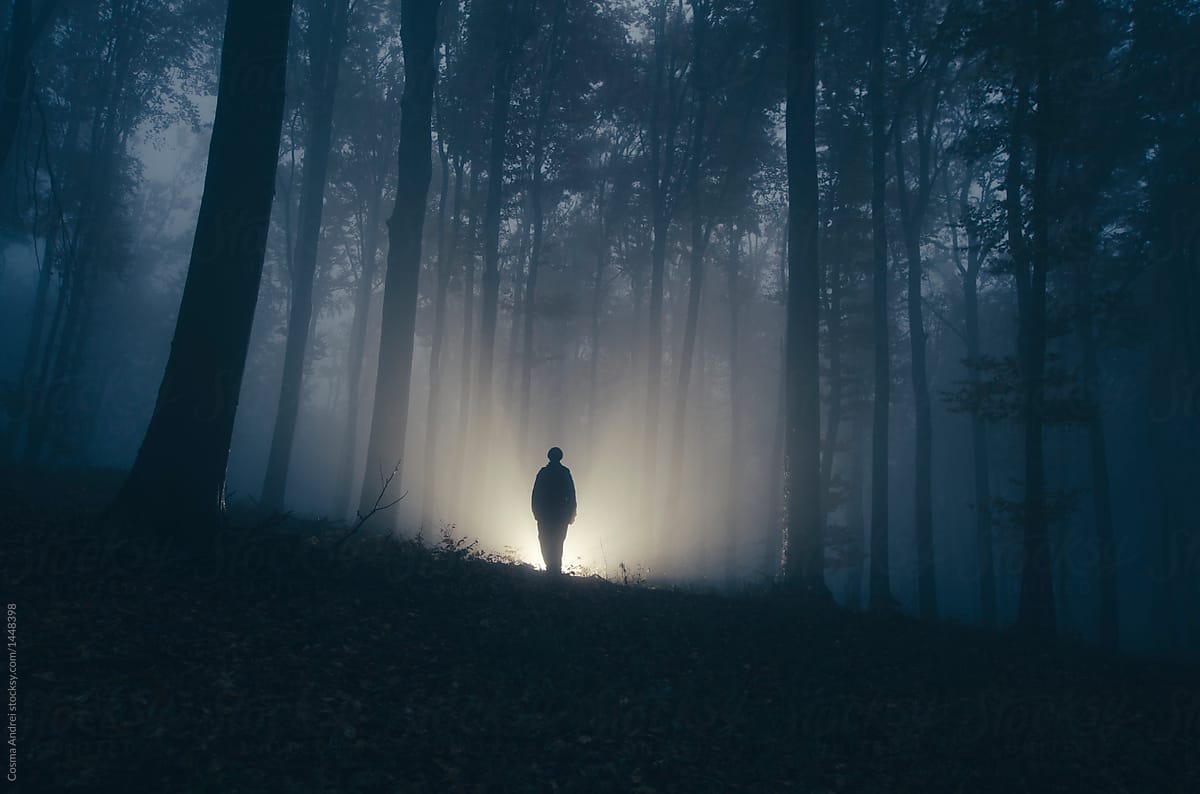 Mysterious Haunted Forest At Night With Dark Man Silhouette | Stocksy