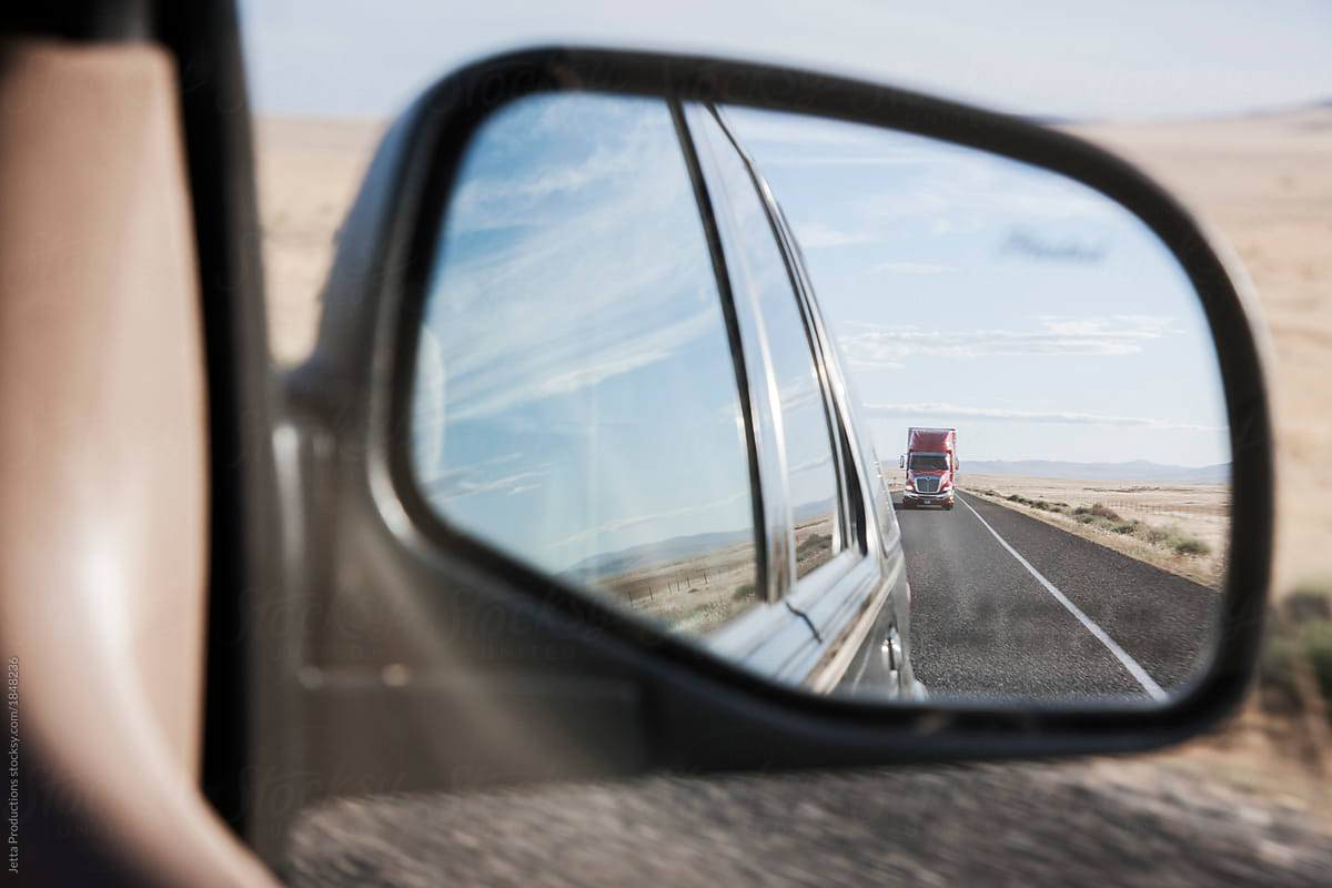 View of commercial truck from a mirror