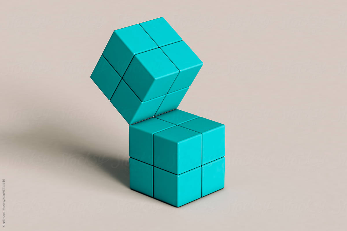 abstract blue cube in balance. 3d render illustration