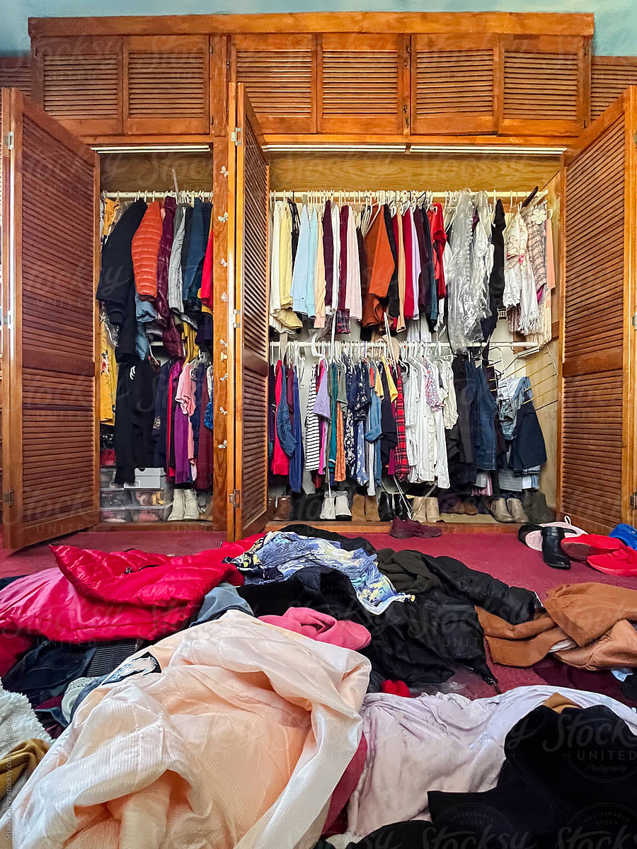 Before and after of a wooden closet with untidy clothes