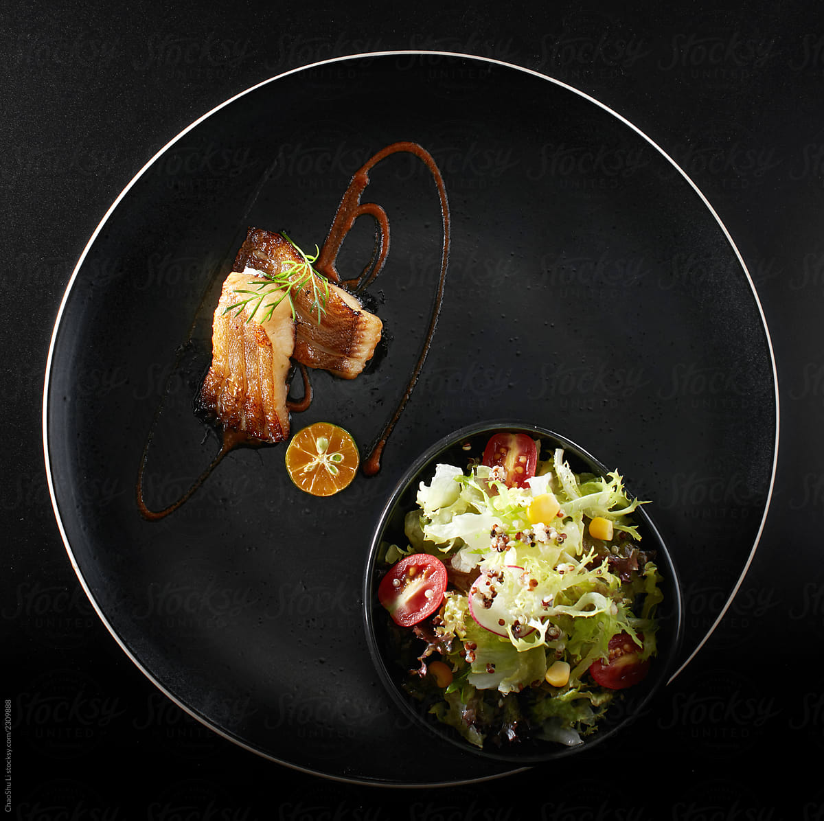 Exquisite Western cuisine, squid. Design tray on dark dish and background
