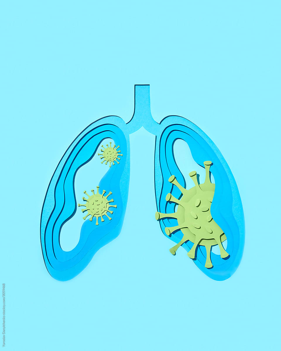 Handcraft paper human lungs with virus