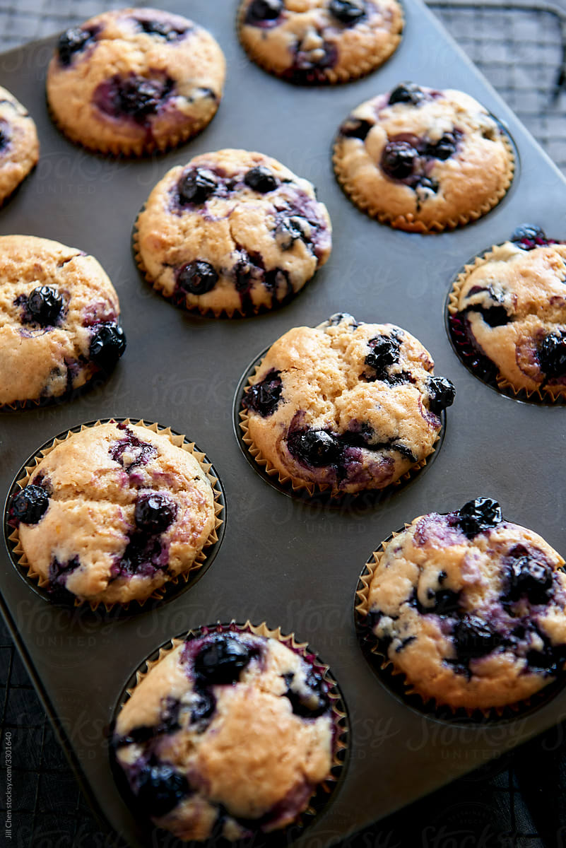 Tray of blueberry muffins