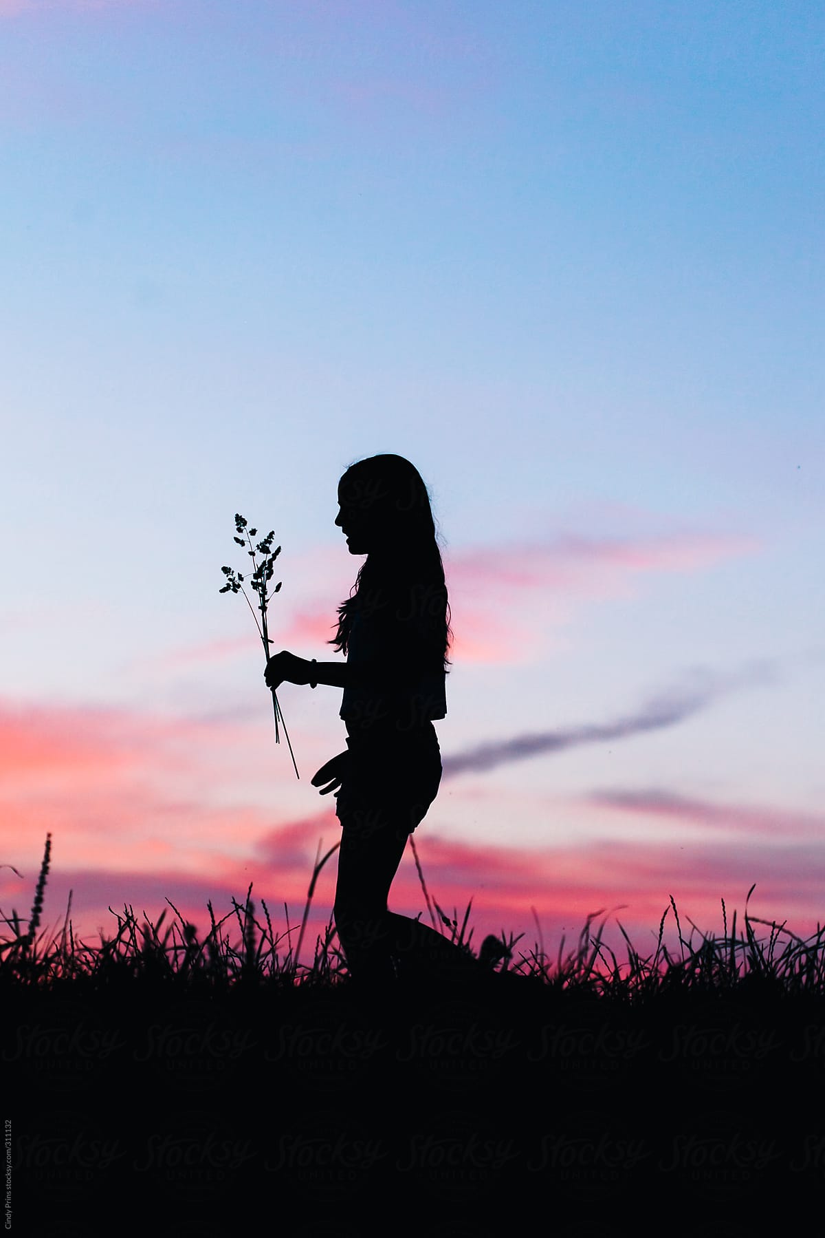 Silhouette of girl walking with flowers in her hand against a pink blue sky