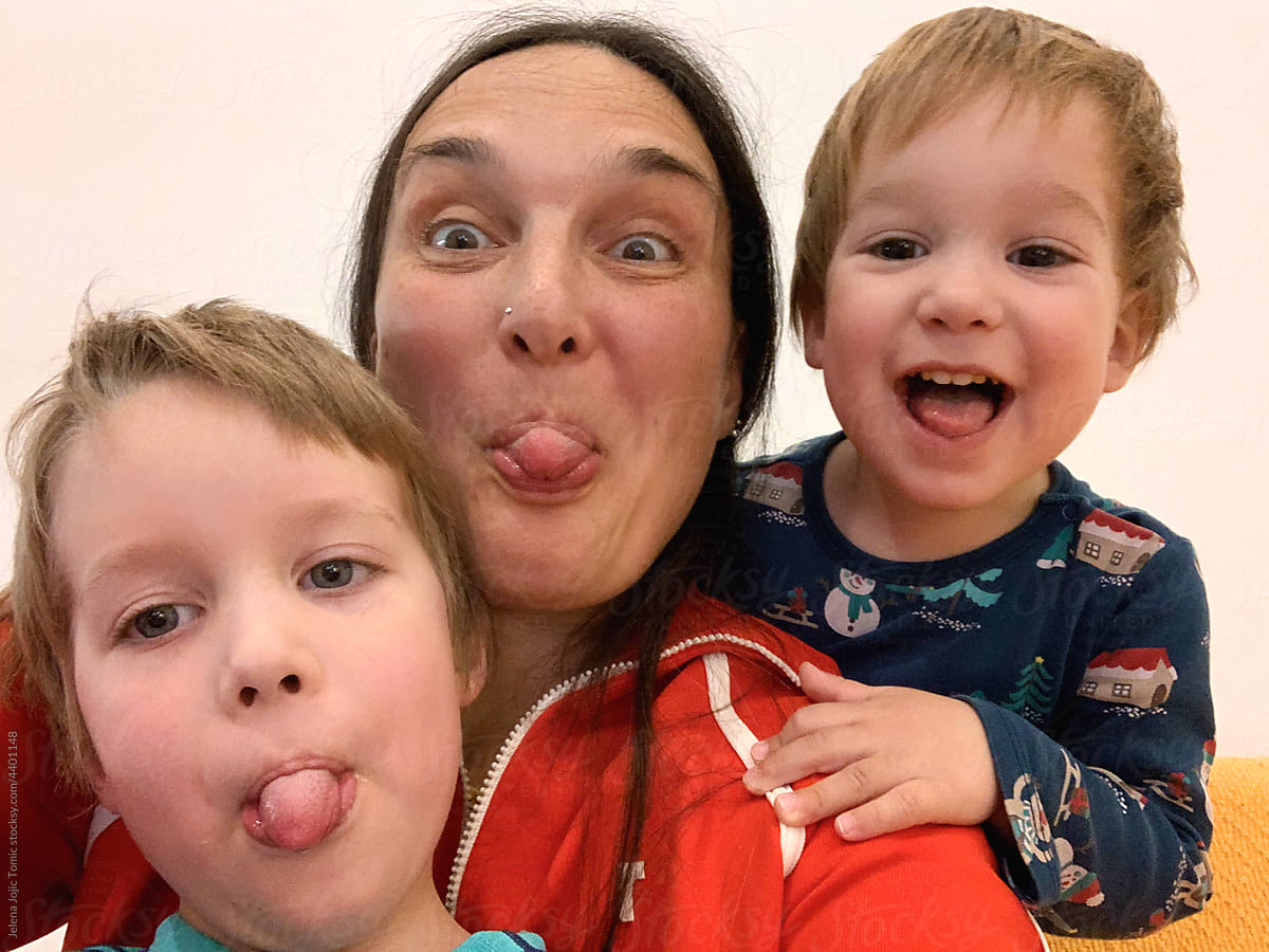 Funny face family selfie created at home