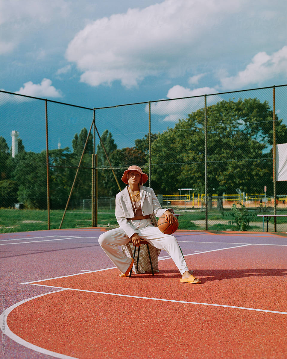Analog Fashion Color Portrait of Woman on Basketball Court