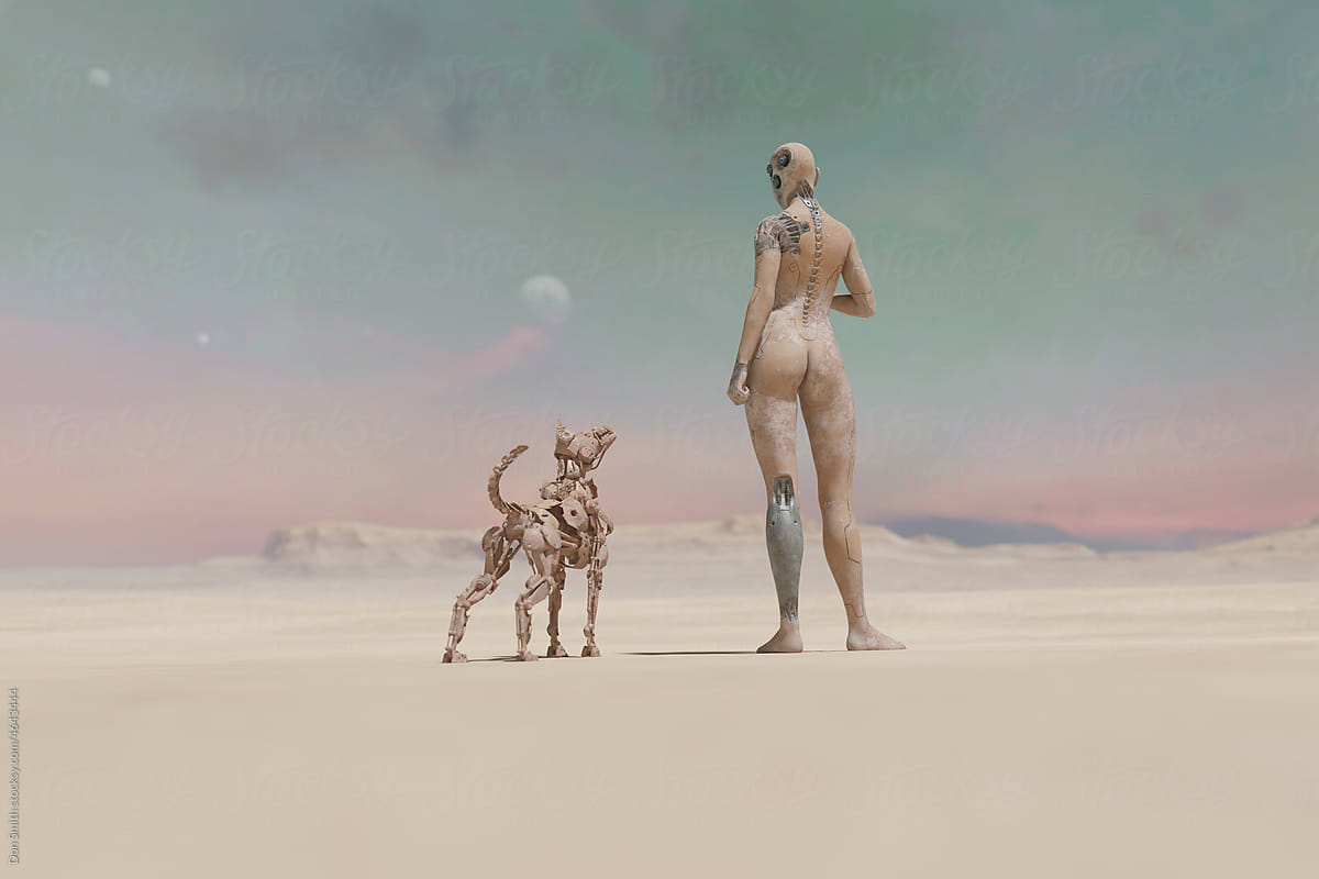 Cyborg with robot dog in desert