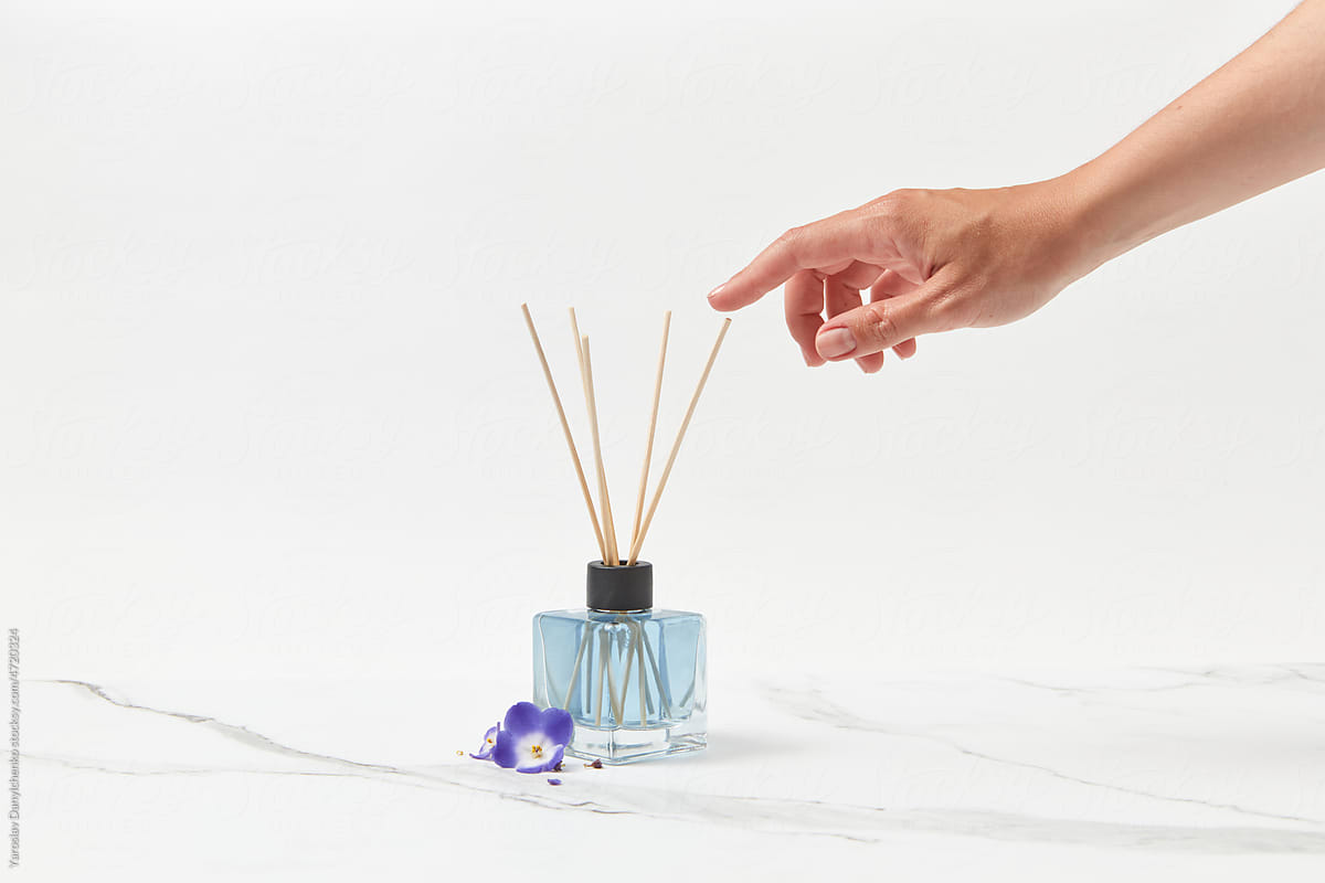 Female hand reaching out aroma diffuser with violet flowers.