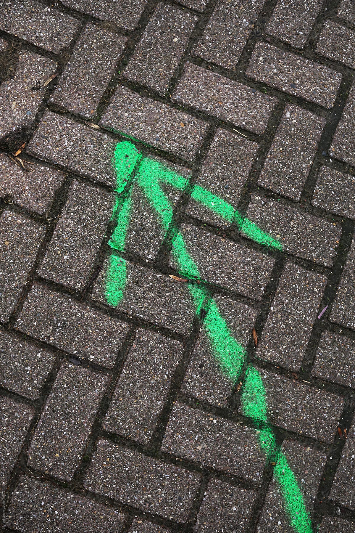 Green arrow painted on a brick road, pointing forwards