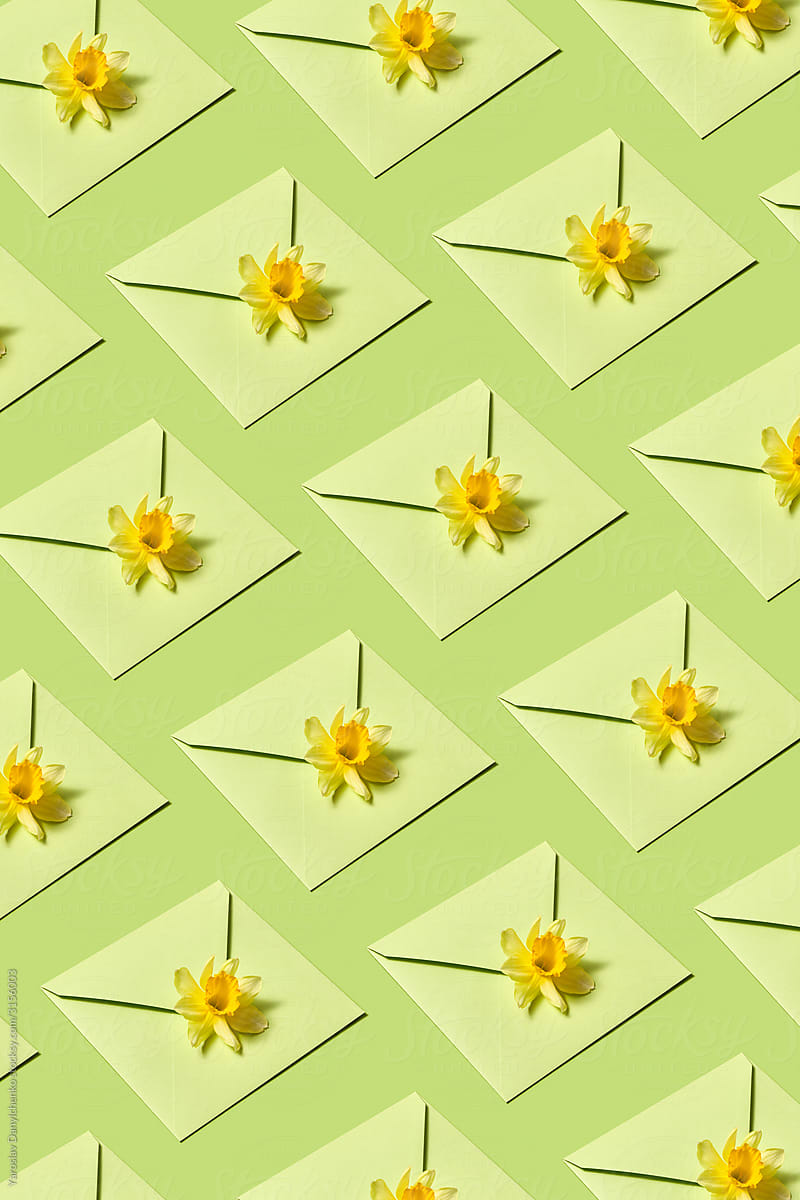 Greeting pattern of envelopes with narcissus.