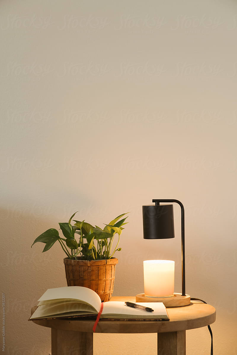 Living Room Side Table with Lamp, Plant, and Notebook