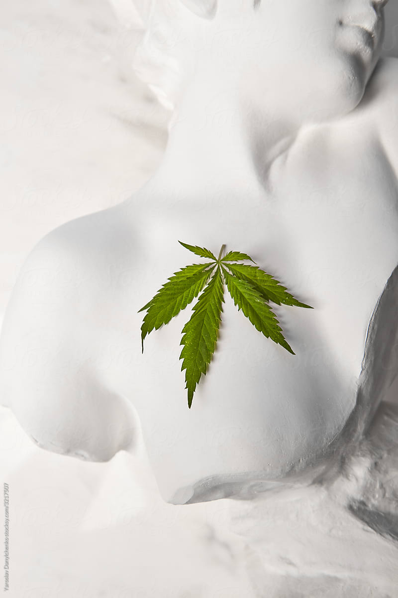 Goddess bust with cannabis leaf.