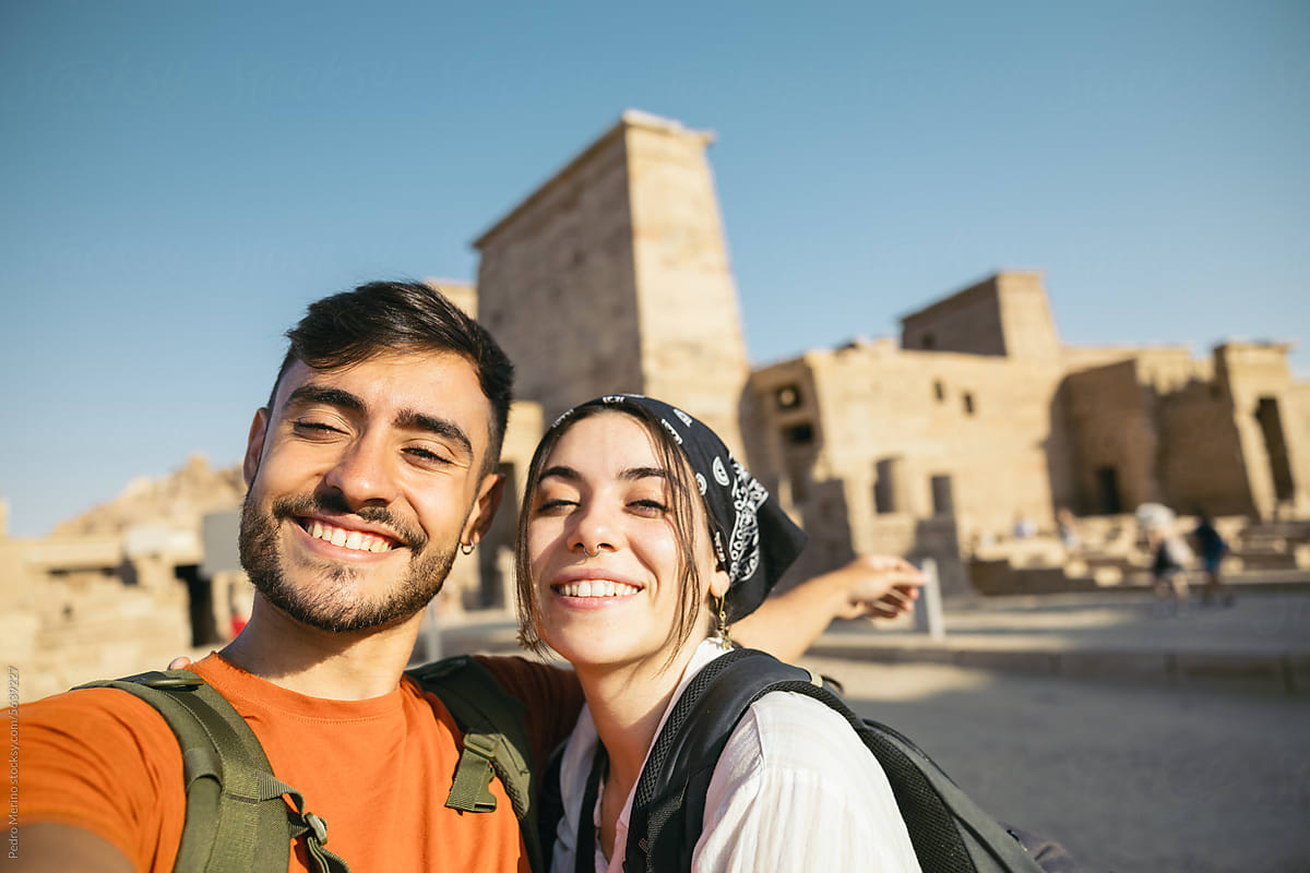 Smiling couple visiting the Philae Temples, Egypt