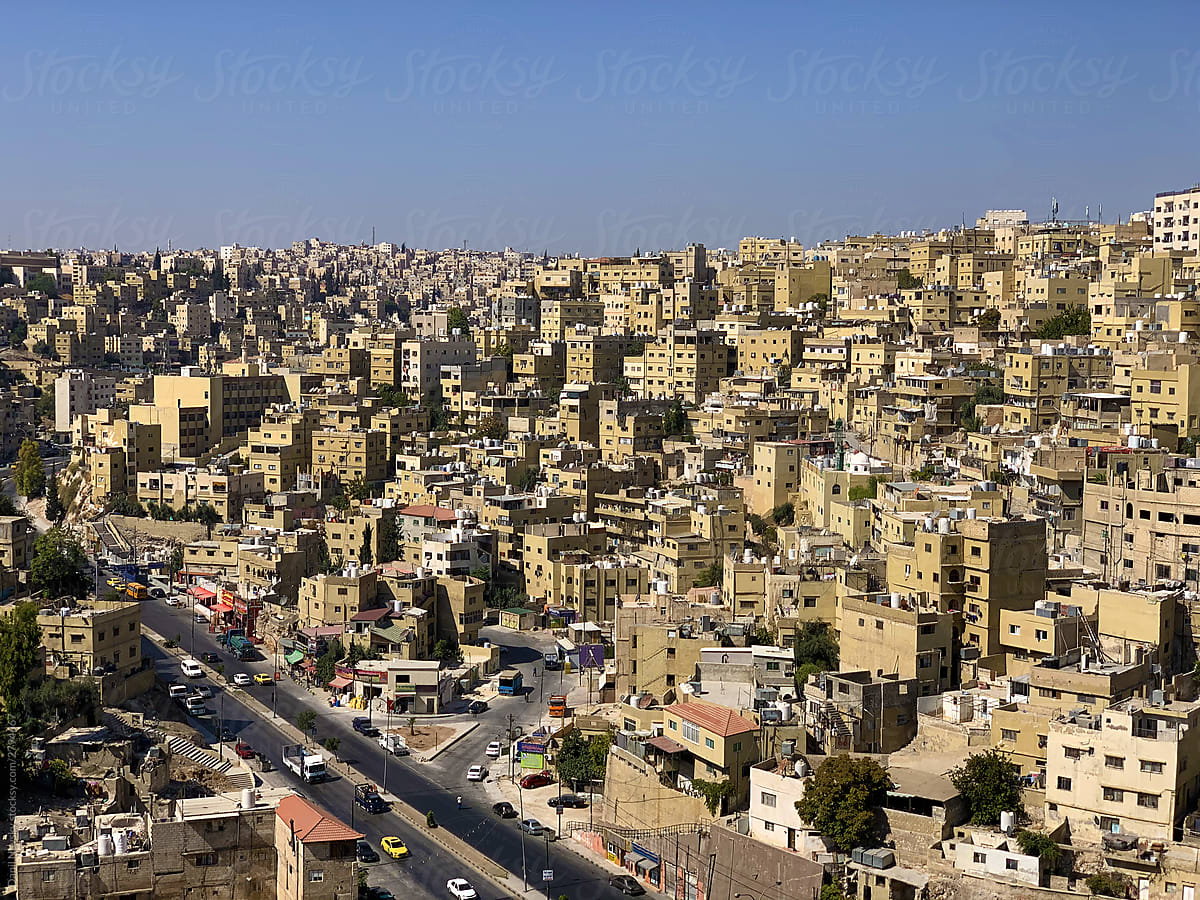 Densely populated city with houses and buildings in bright day