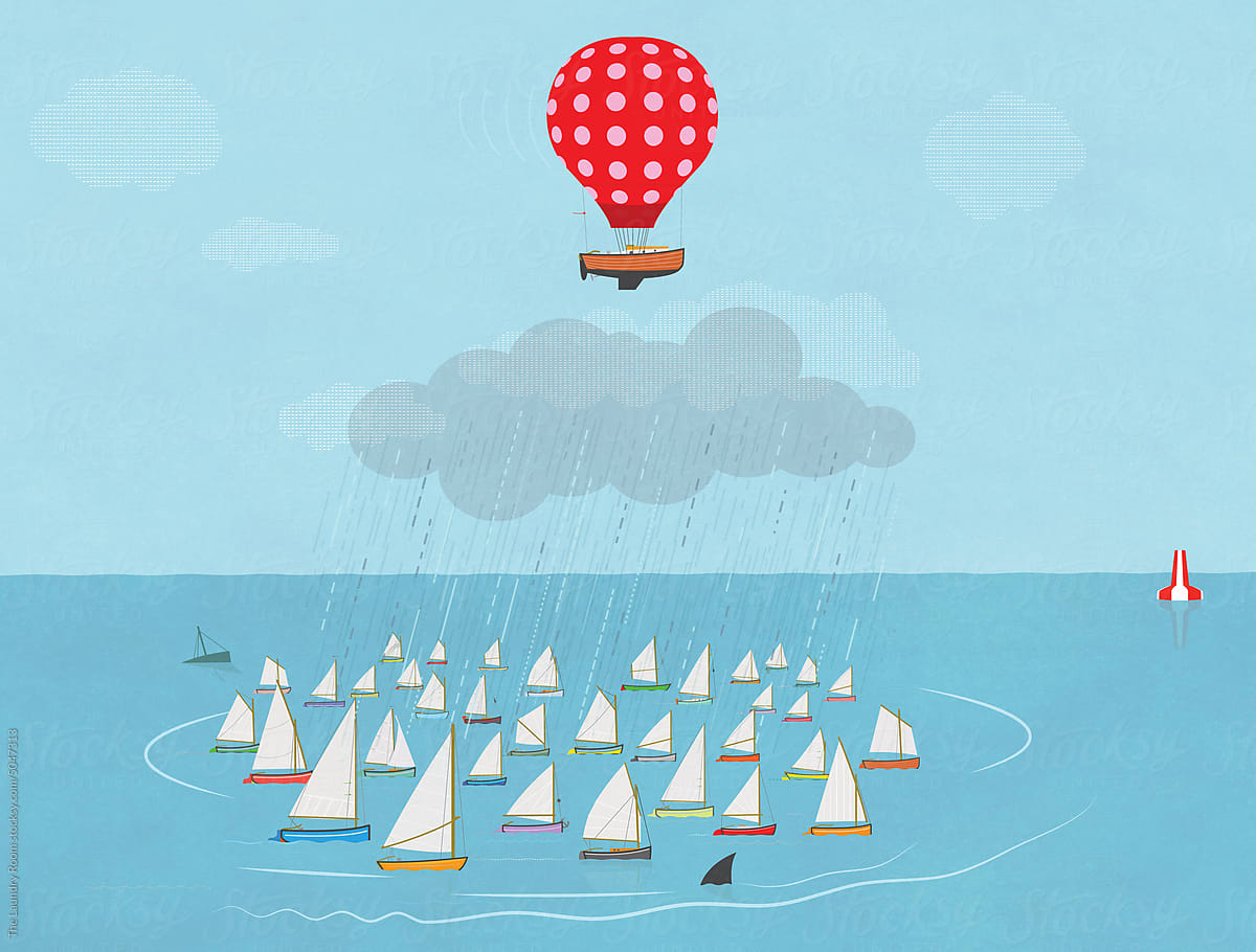 Sailboat with balloon flies over raincloud outsmarting competition