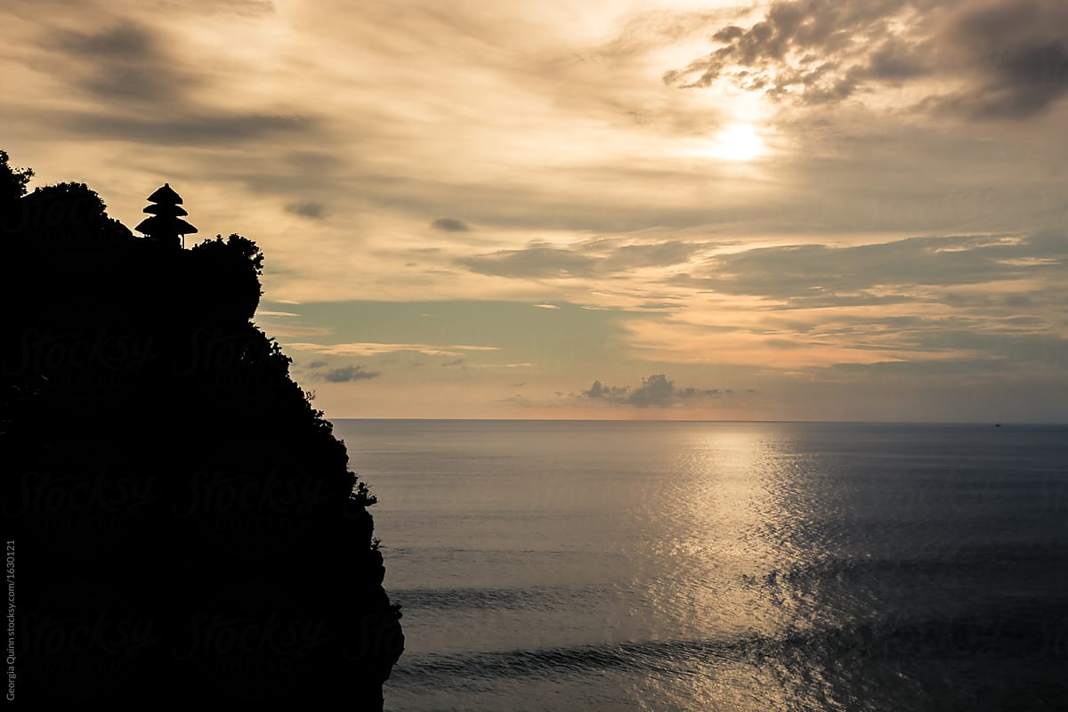 Landscape of Ocean with Silhouette of Temple