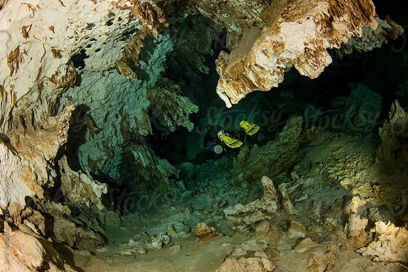 A scuba diver swimming in Mexico\'s  Cenote  Dos Ojos