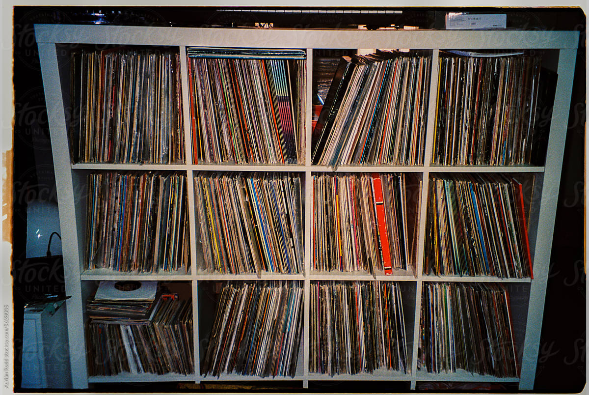 Shelf Packed with Records in an Electronic Music Studio