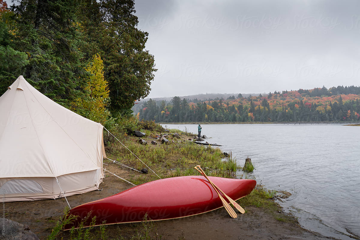 Autumn Campsite Canvas Tent Canoe Rain