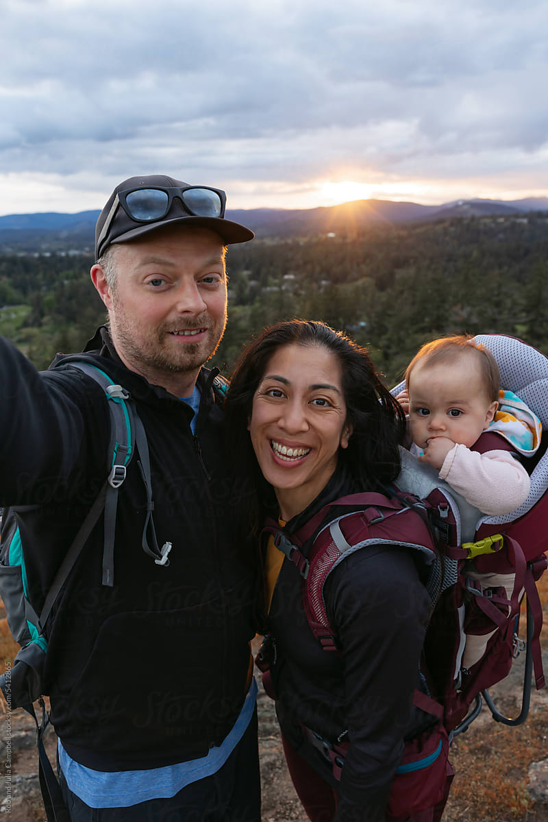 Active hiking family photo selfie after hike.