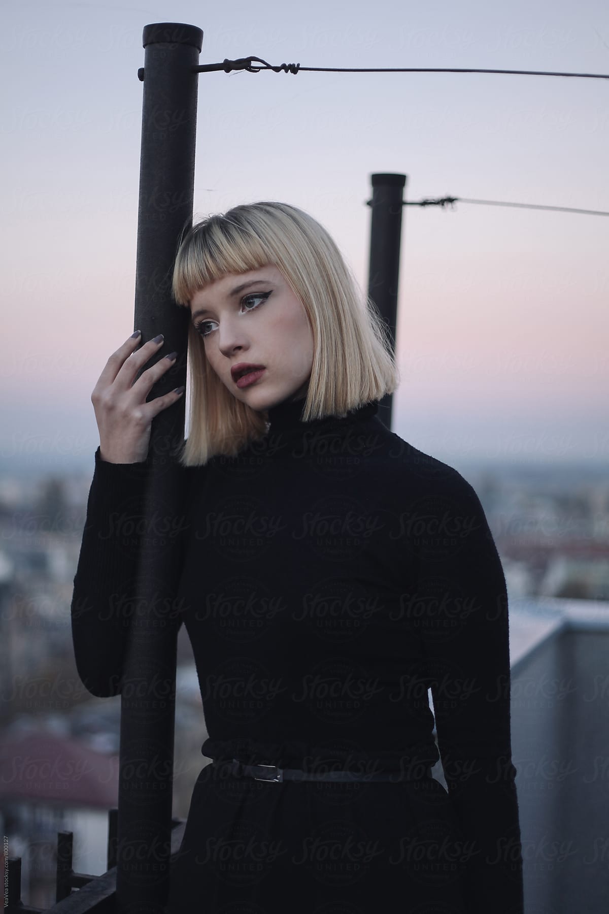 Portrait of a beautiful young woman on the roof of the building during sunset