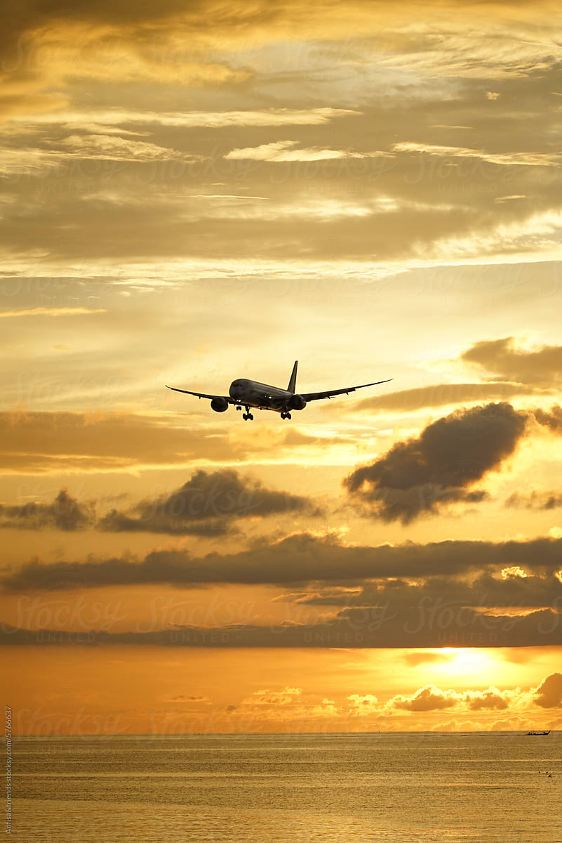 airplane on peach sunset sea landscape