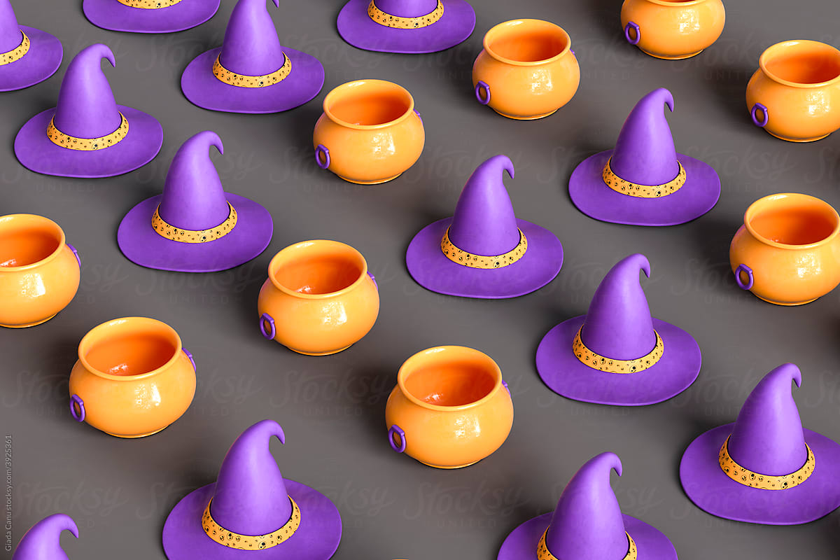 pattern of orange cauldrons and purple witch hat on dark grey background